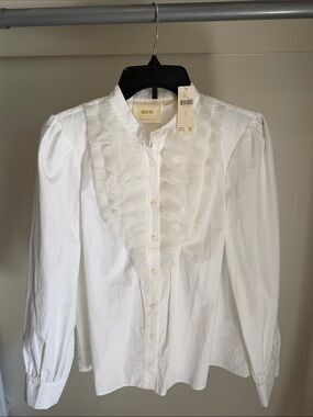 Anthropologie White Ruffle-Bib Button Shirt